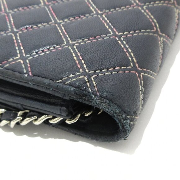 Auth CHANEL Matelasse/Double Stitch - Dark Navy Pink Lambskin Other Style Wallet - Picture 7 of 13
